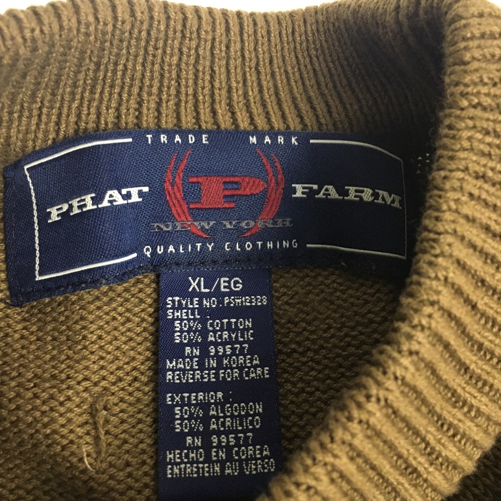 Phat Farm Mens Knit Crewneck Sweater Olive Grey P Logo XL Y2K - Picture 2 of 14
